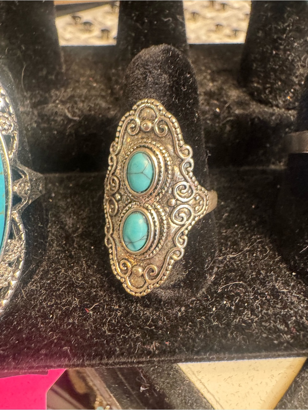Turquoise Double-Stone Ornate Silver Ring - Women Jewelry